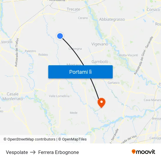 Vespolate to Ferrera Erbognone map