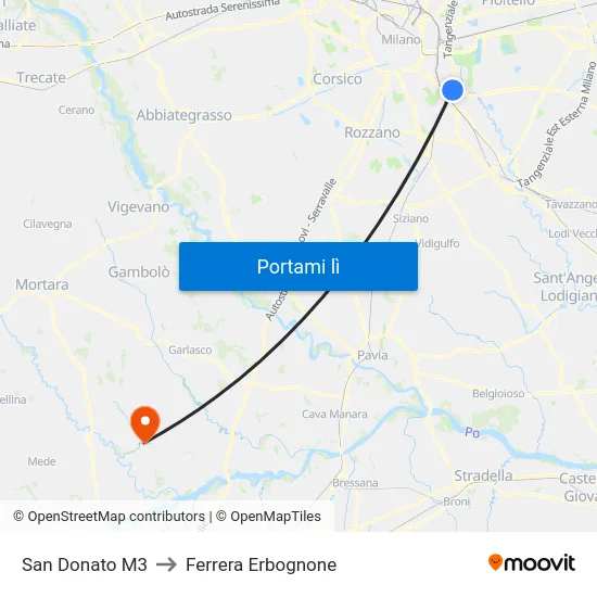 San Donato M3 to Ferrera Erbognone map