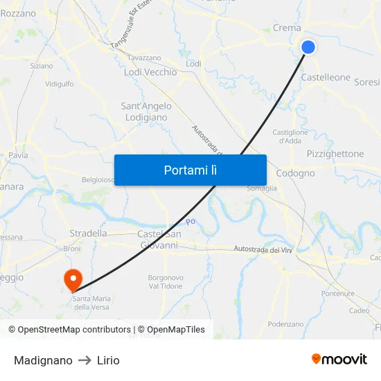 Madignano to Lirio map