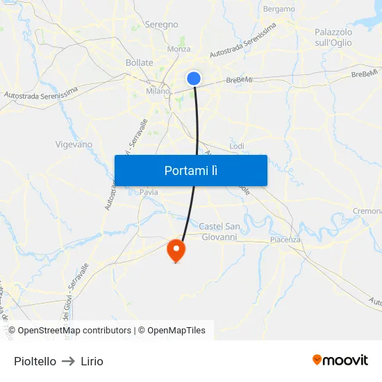 Pioltello to Lirio map