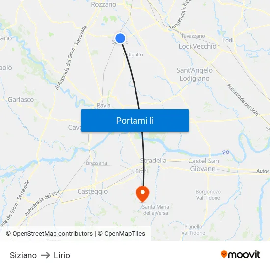 Siziano to Lirio map