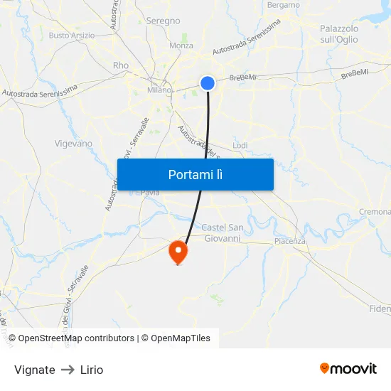 Vignate to Lirio map