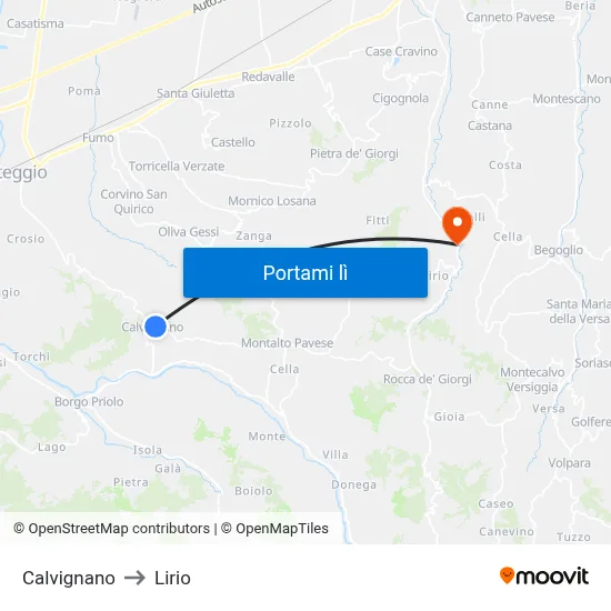 Calvignano to Lirio map
