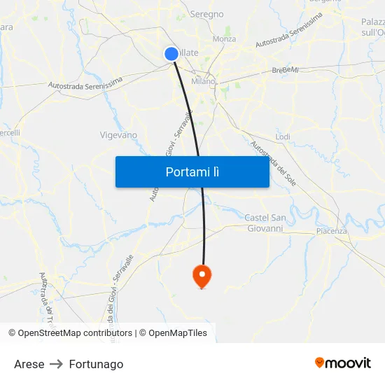 Arese to Fortunago map