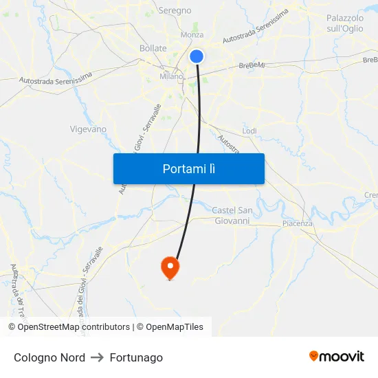 Cologno Nord to Fortunago map