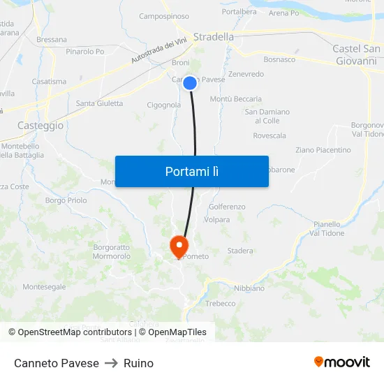Canneto Pavese to Ruino map