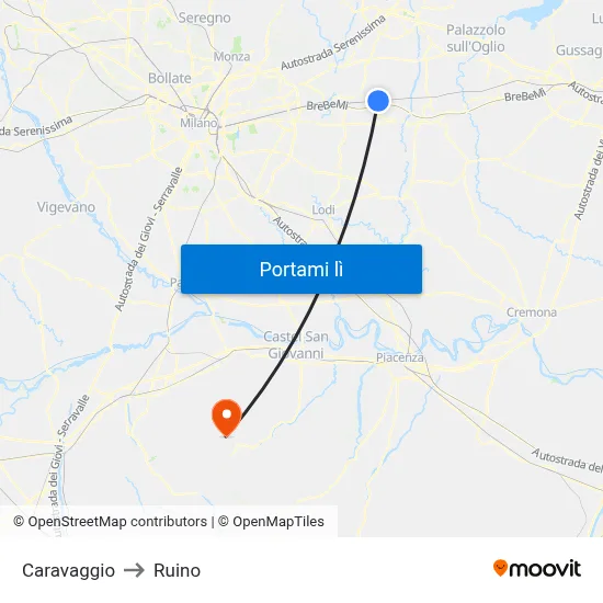 Caravaggio to Ruino map