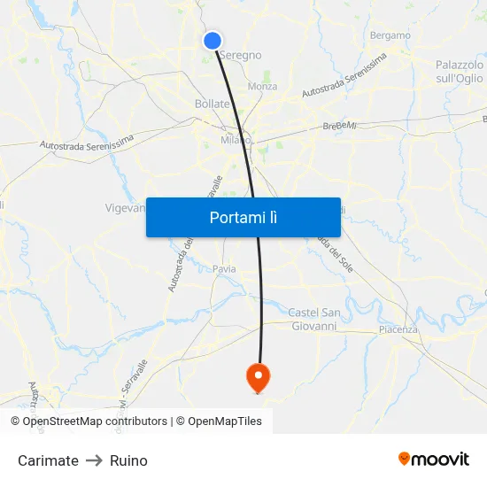 Carimate to Ruino map