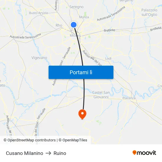 Cusano Milanino to Ruino map