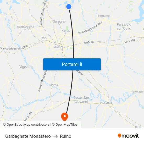 Garbagnate Monastero to Ruino map