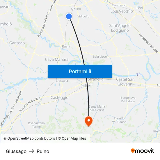 Giussago to Ruino map