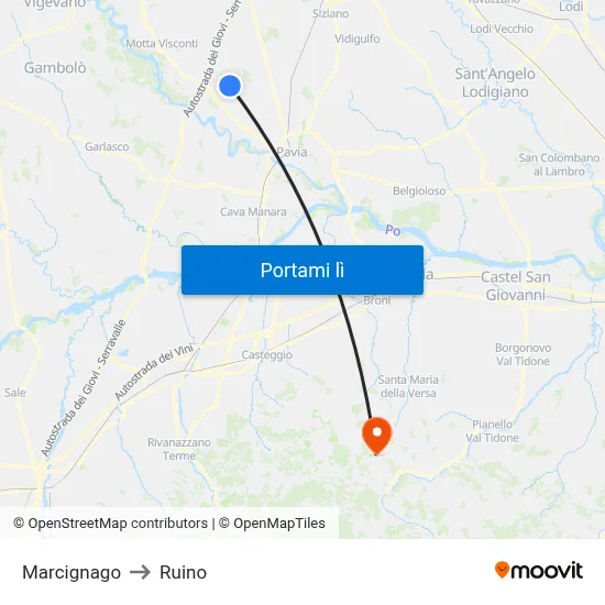 Marcignago to Ruino map