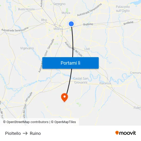 Pioltello to Ruino map