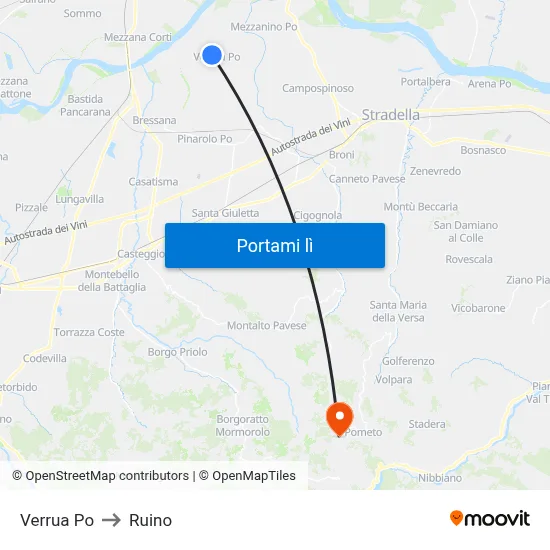 Verrua Po to Ruino map