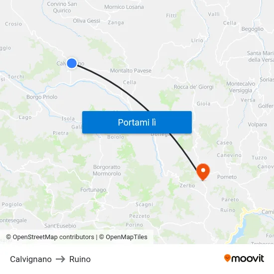 Calvignano to Ruino map