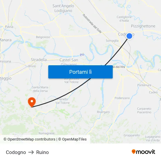 Codogno to Ruino map