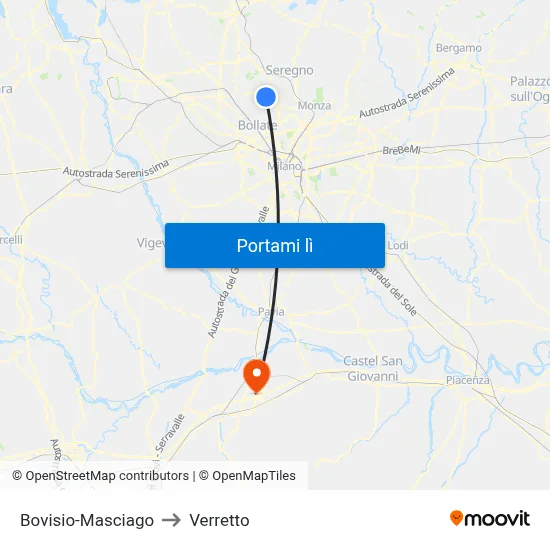 Bovisio-Masciago to Verretto map