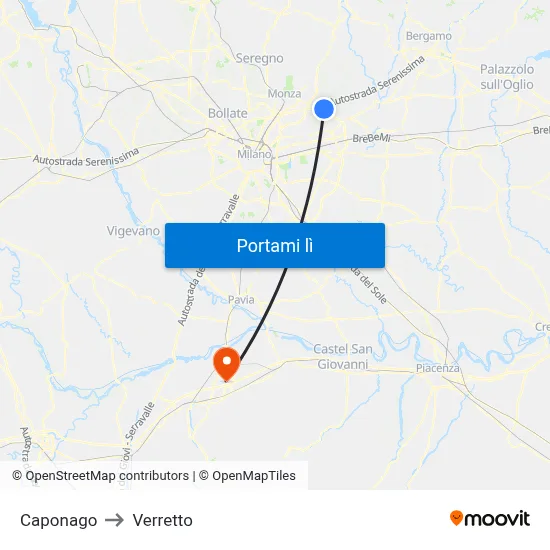 Caponago to Verretto map
