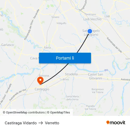 Castiraga Vidardo to Verretto map