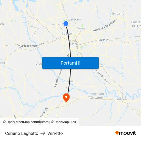 Ceriano Laghetto to Verretto map