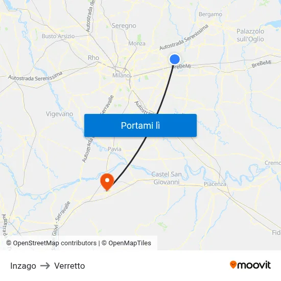 Inzago to Verretto map