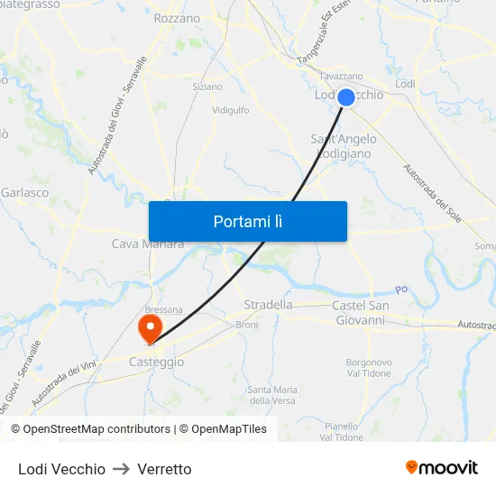 Lodi Vecchio to Verretto map