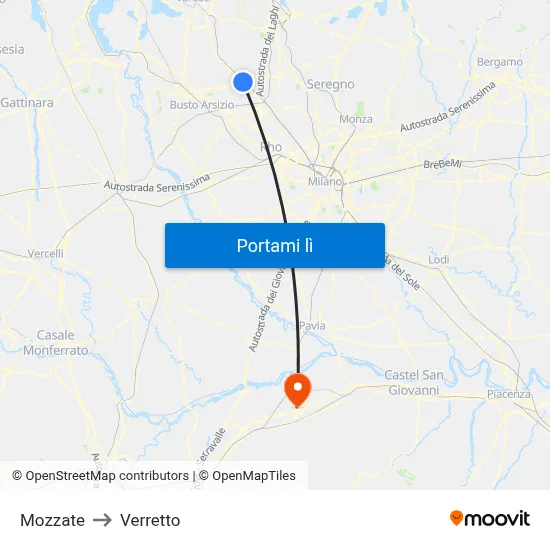 Mozzate to Verretto map