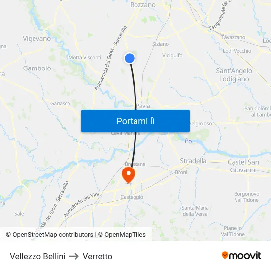 Vellezzo Bellini to Verretto map
