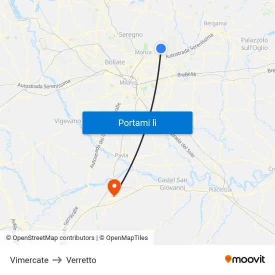 Vimercate to Verretto map