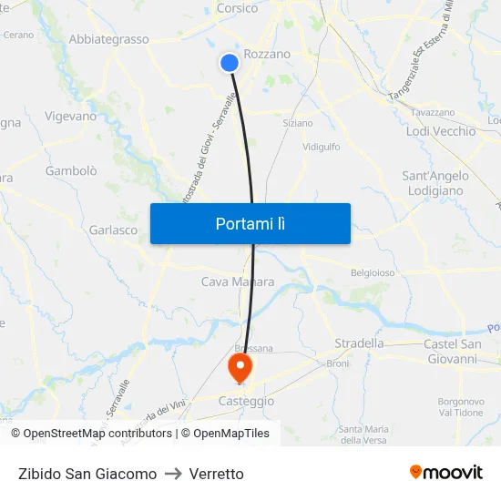 Zibido San Giacomo to Verretto map