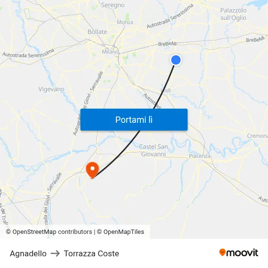 Agnadello to Torrazza Coste map