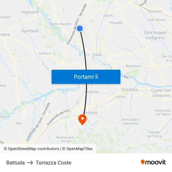Battuda to Torrazza Coste map