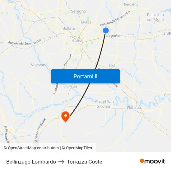 Bellinzago Lombardo to Torrazza Coste map