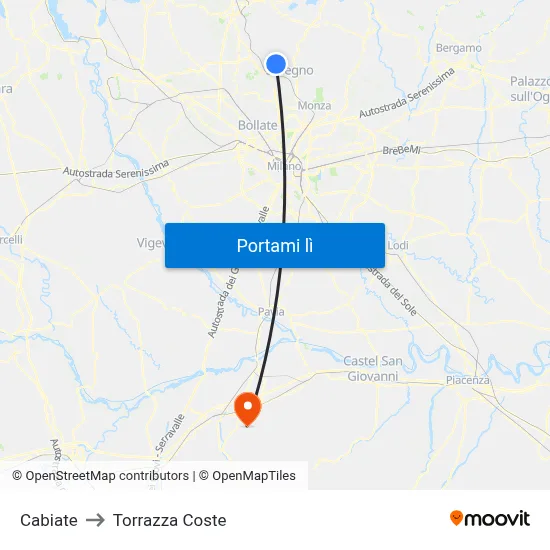 Cabiate to Torrazza Coste map
