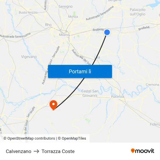 Calvenzano to Torrazza Coste map