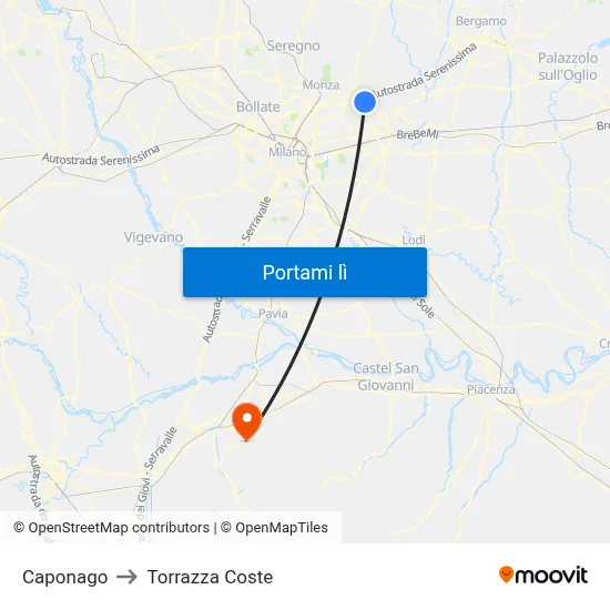 Caponago to Torrazza Coste map