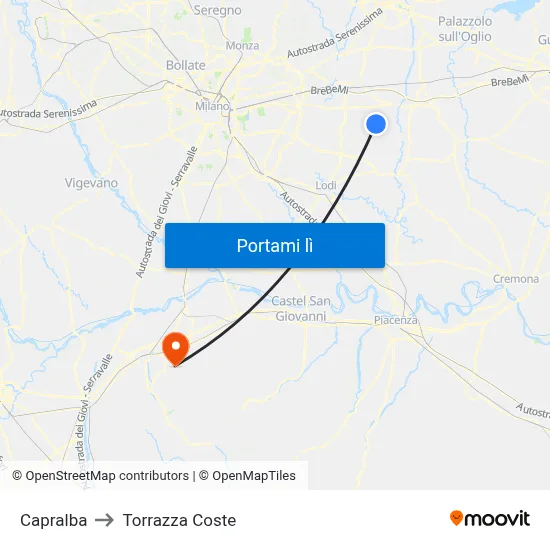 Capralba to Torrazza Coste map