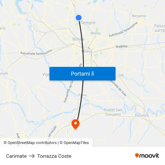 Carimate to Torrazza Coste map