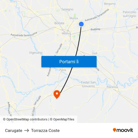 Carugate to Torrazza Coste map