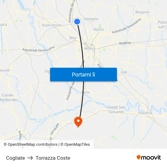 Cogliate to Torrazza Coste map