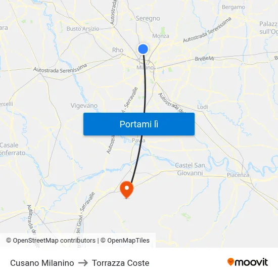 Cusano Milanino to Torrazza Coste map