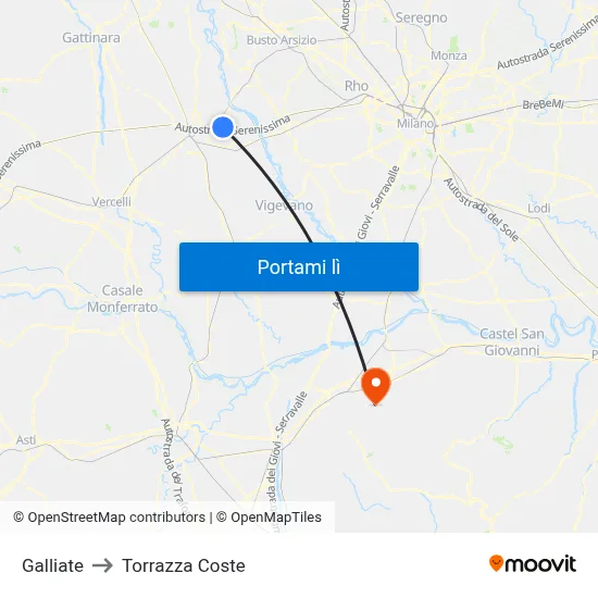 Galliate to Torrazza Coste map