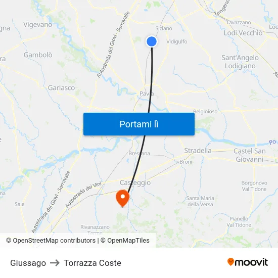 Giussago to Torrazza Coste map