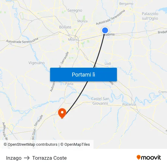 Inzago to Torrazza Coste map