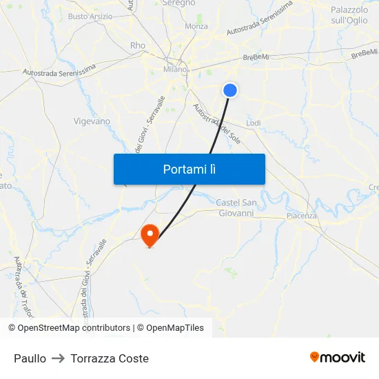 Paullo to Torrazza Coste map