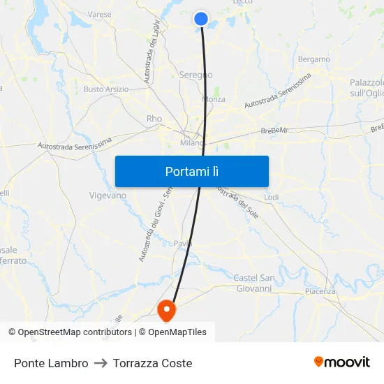 Ponte Lambro to Torrazza Coste map