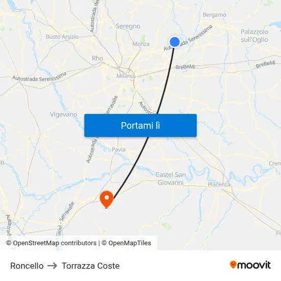 Roncello to Torrazza Coste map