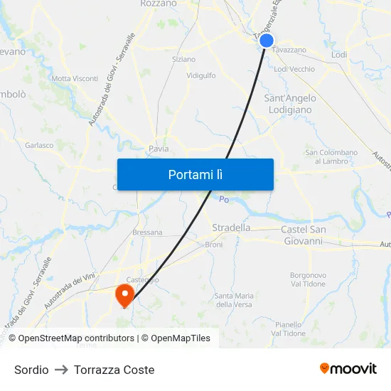 Sordio to Torrazza Coste map