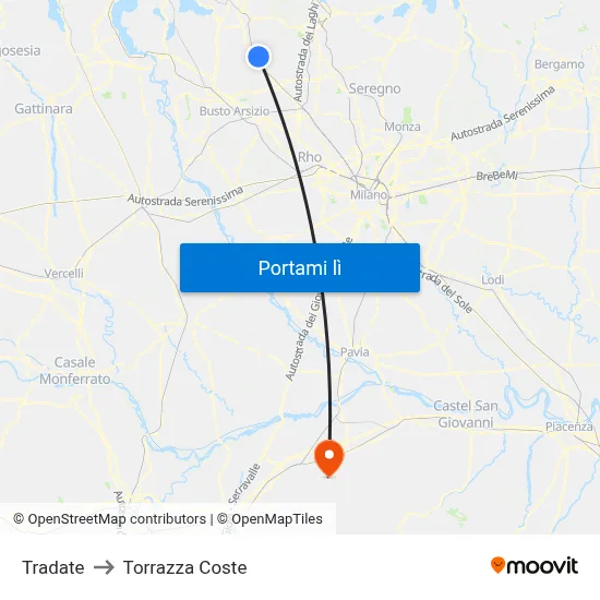 Tradate to Torrazza Coste map