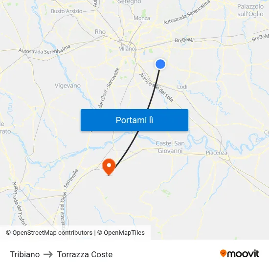 Tribiano to Torrazza Coste map